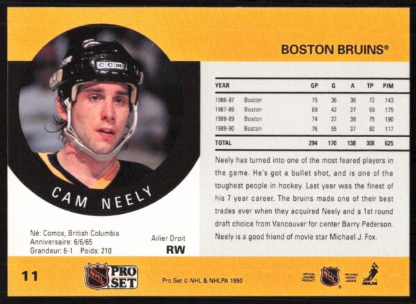 1990-91 Pro Set NHL Cam Neely #11 (Back)