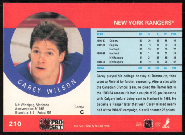 1990-91 Pro Set NHL Carey Wilson #210 (Back)