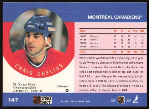 1990-91 Pro Set NHL Chris Chelios #147 (Back)