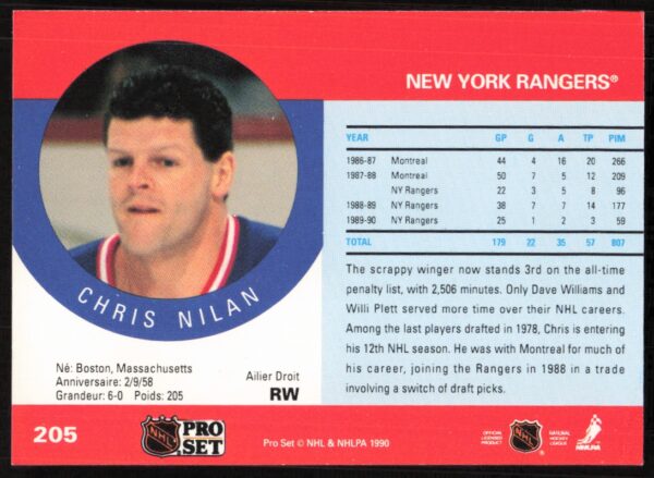 1990-91 Pro Set NHL Chris Nilan #205 (Back)