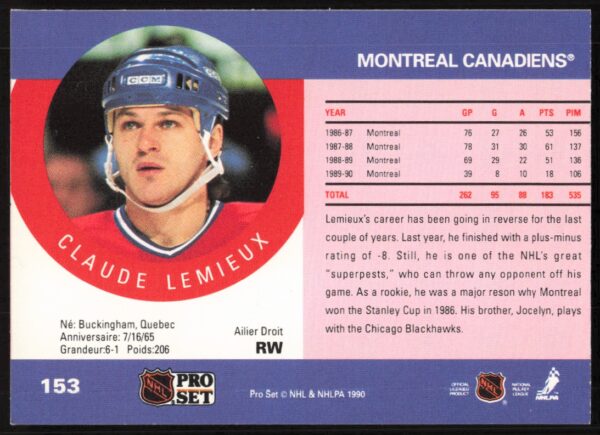 1990-91 Pro Set NHL Claude Lemieux #153 (Back)