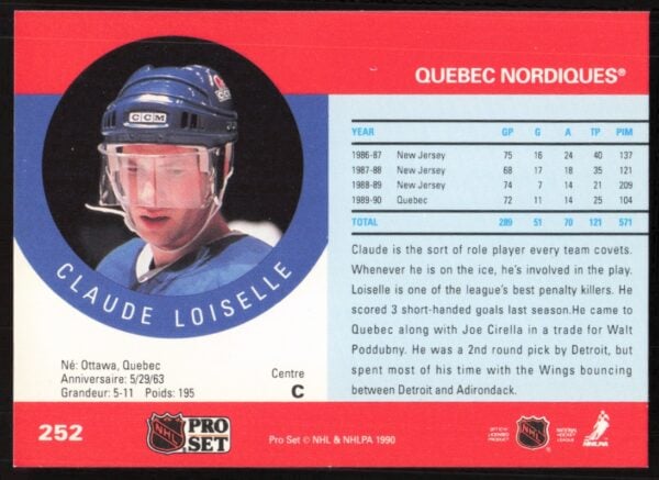 1990-91 Pro Set NHL Claude Loiselle #252 (Back)