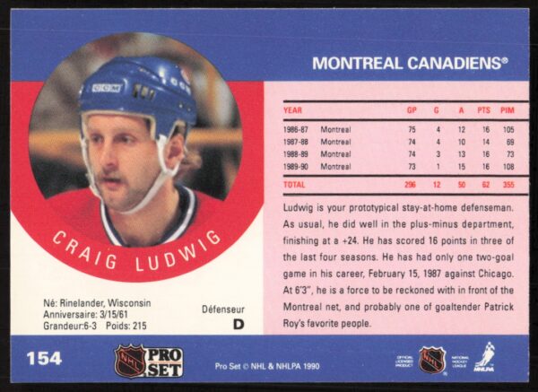 1990-91 Pro Set NHL Craig Ludwig #154 (Back)