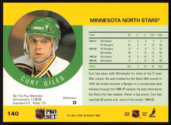 1990-91 Pro Set NHL Curt Giles #140 (Back)