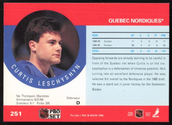 1990-91 Pro Set NHL Curtis Leschyshyn #251 (Back)