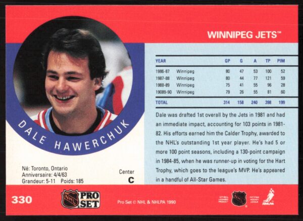 1990-91 Pro Set NHL Dale Hawerchuk #330 (Back)