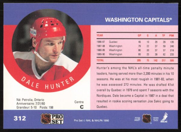 1990-91 Pro Set NHL Dale Hunter #312 (Back)