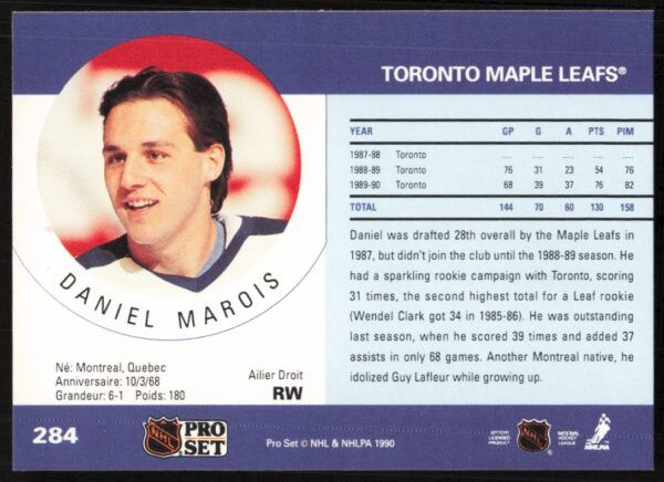 1990-91 Pro Set NHL Daniel Marois #284 (Back)