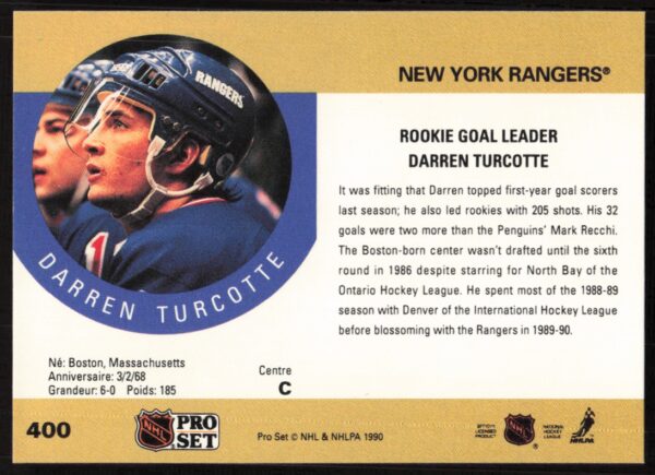 1990-91 Pro Set NHL Darren Turcotte #400 (Back)