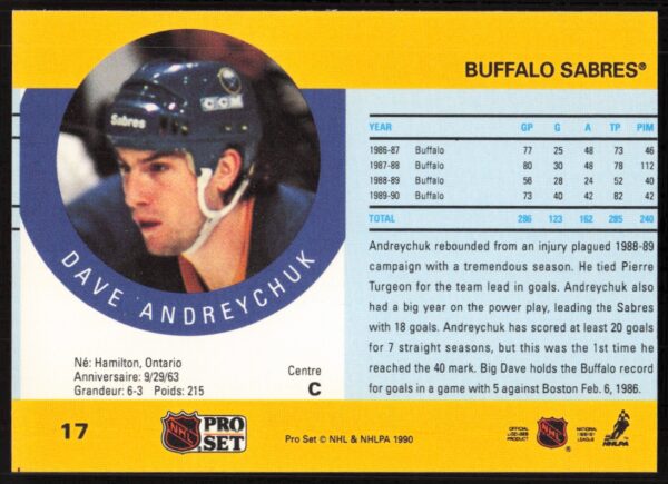 1990-91 Pro Set NHL Dave Andreychuk (Error on Back - Photo Incorrect) #17 (Back)