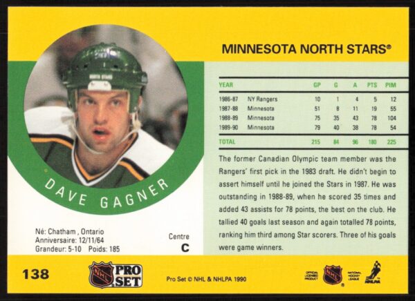 1990-91 Pro Set NHL Dave Gagner #138 (Back)