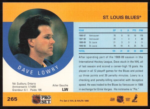 1990-91 Pro Set NHL Dave Lowry #265 (Back)