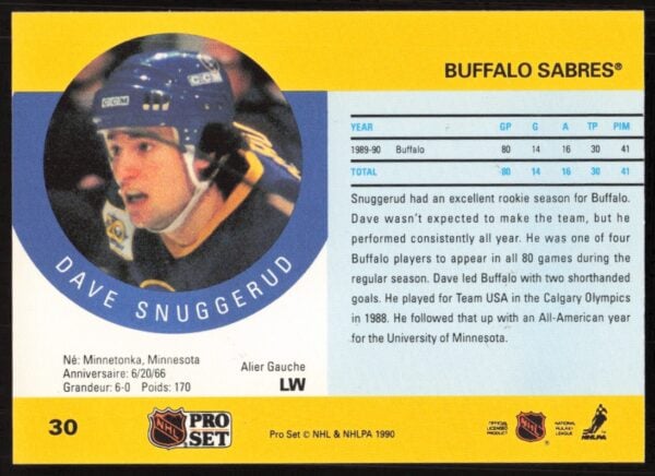 1990-91 Pro Set NHL Dave Snuggerud #30 (Back)