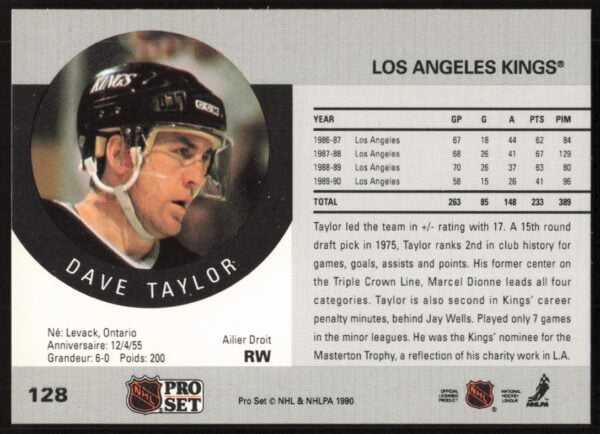 1990-91 Pro Set NHL Dave Taylor #128 (Back)