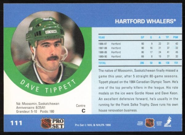 1990-91 Pro Set NHL Dave Tippett #111 (Back)