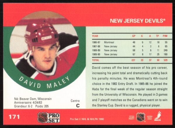 1990-91 Pro Set NHL David Maley (Error on Back - Position Incorrect) #171 (Back)