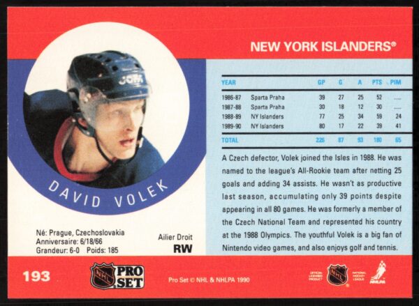 1990-91 Pro Set NHL David Volek #193 (Back)
