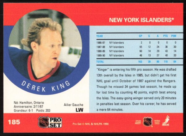 1990-91 Pro Set NHL Derek King #185 (Back)