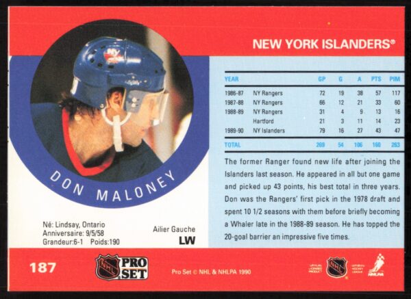 1990-91 Pro Set NHL Don Maloney #187 (Back)