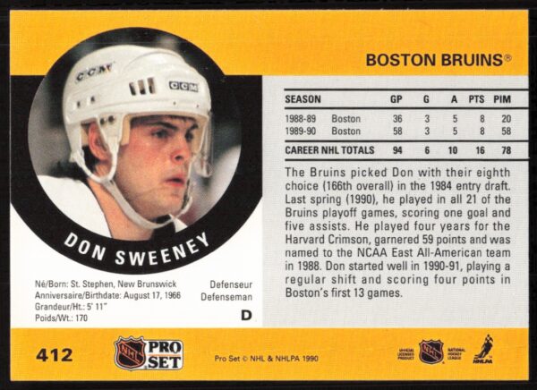 1990-91 Pro Set NHL Don Sweeney #412 (Back)