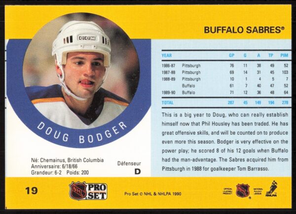 1990-91 Pro Set NHL Doug Bodger #19 (Back)