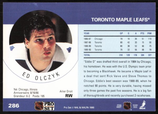 1990-91 Pro Set NHL Ed Olczyk #286 (Back)