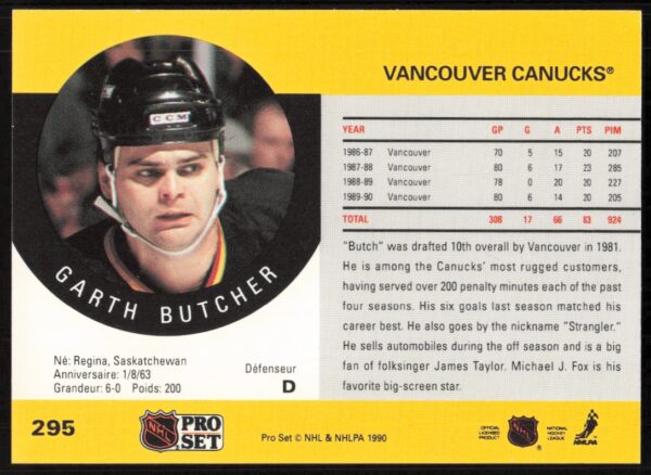 1990-91 Pro Set NHL Garth Butcher #295 (Back)