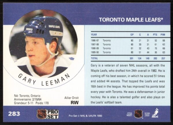 1990-91 Pro Set NHL Gary Leeman #283 (Back)