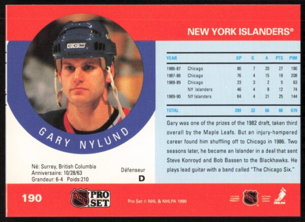 1990-91 Pro Set NHL Gary Nylund #190 (Back)