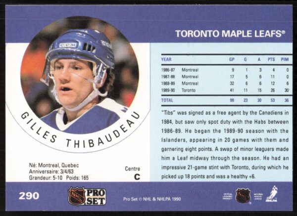 1990-91 Pro Set NHL Gilles Thibaudeau #290 (Back)