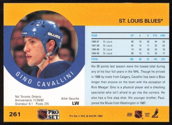 1990-91 Pro Set NHL Gino Cavallini #261 (Back)