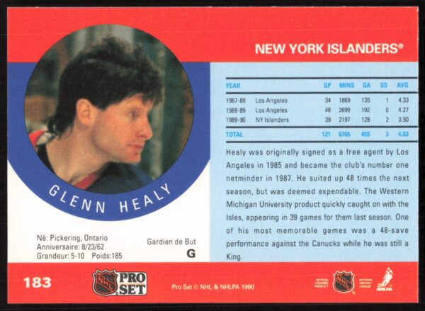 1990-91 Pro Set NHL Glenn Healy #183 (Back)
