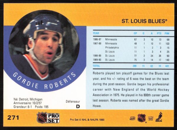 1990-91 Pro Set NHL Gordie Roberts #271 (Back)