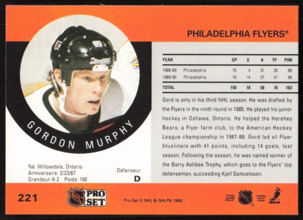 1990-91 Pro Set NHL Gordon Murphy #221 (Back)