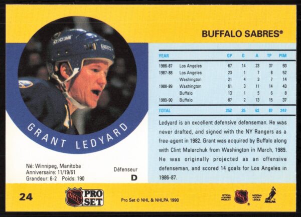 1990-91 Pro Set NHL Grant Ledyard #24 (Back)