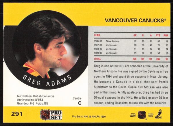 1990-91 Pro Set NHL Greg Adams #291 (Back)