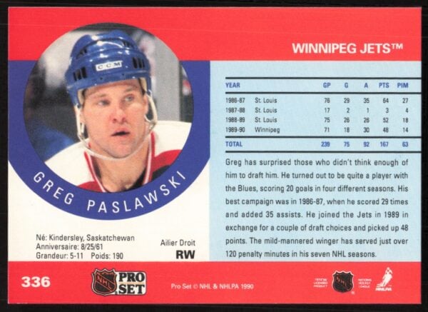 1990-91 Pro Set NHL Greg Paslawski #336 (Back)