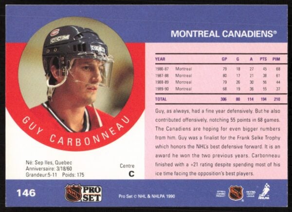 1990-91 Pro Set NHL Guy Carbonneau #146 (Back)