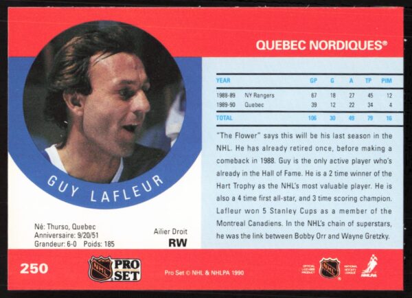 1990-91 Pro Set NHL Guy Lafleur #250 (Back)