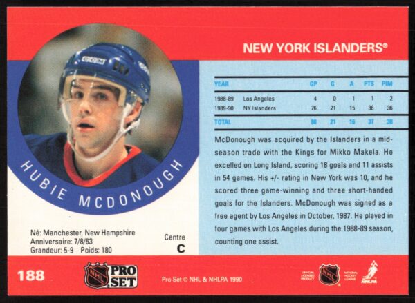 1990-91 Pro Set NHL Hubie McDonough #188 (Back)