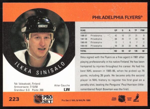 1990-91 Pro Set NHL Ilkka Sinisalo #223 (Back)