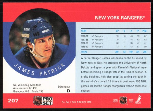 1990-91 Pro Set NHL James Patrick #207 (Back)