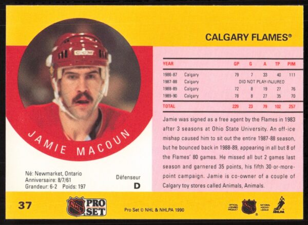 1990-91 Pro Set NHL Jamie Macoun #37 (Back)