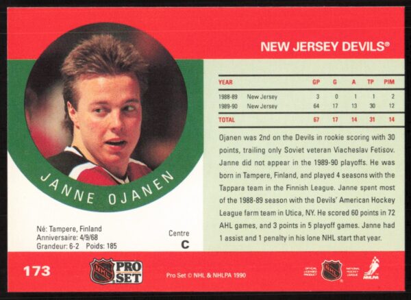 1990-91 Pro Set NHL Janne Ojanen #173 (Back)