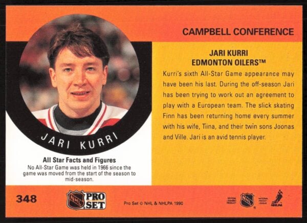 1990-91 Pro Set NHL Jari Kurri (Error on Front - Signed Stripe Missing) #348 (Back)