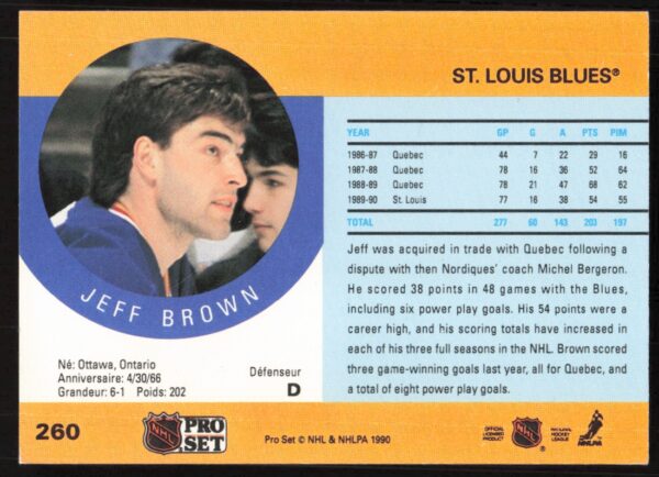 1990-91 Pro Set NHL Jeff Brown #260 (Back)