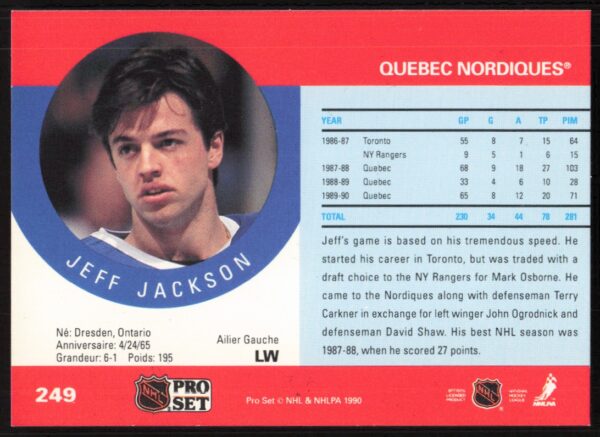 1990-91 Pro Set NHL Jeff Jackson #249 (Back)