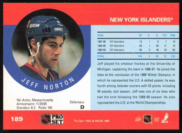 1990-91 Pro Set NHL Jeff Norton #189 (Back)