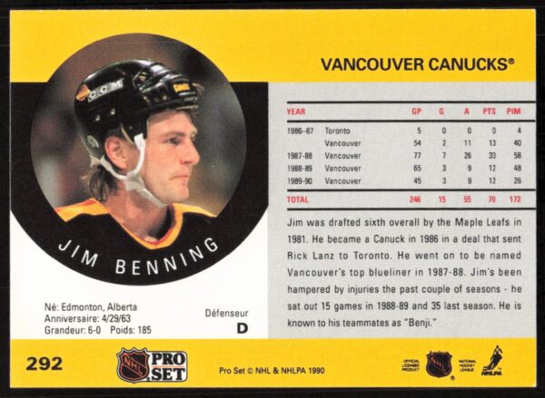 1990-91 Pro Set NHL Jim Benning #292 (Back)