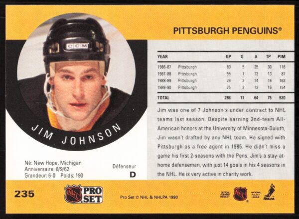 1990-91 Pro Set NHL Jim Johnson #235 (Back)